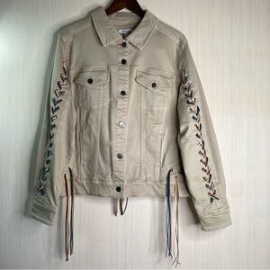 NWOT Peace Love World Women’s Braided Multi Color Leather Fringe Denim Jacket 1X